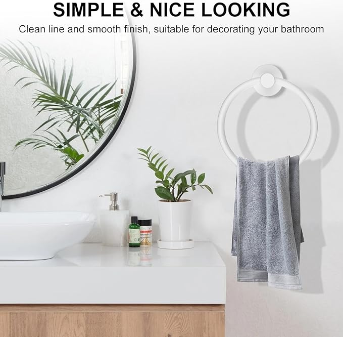 SetSail Towel Holder for Bathroom Wall Screw-in White Towel Ring Stainless Steel Hand Towel Holder Heavy Duty Towel Hanger for Bathrooms