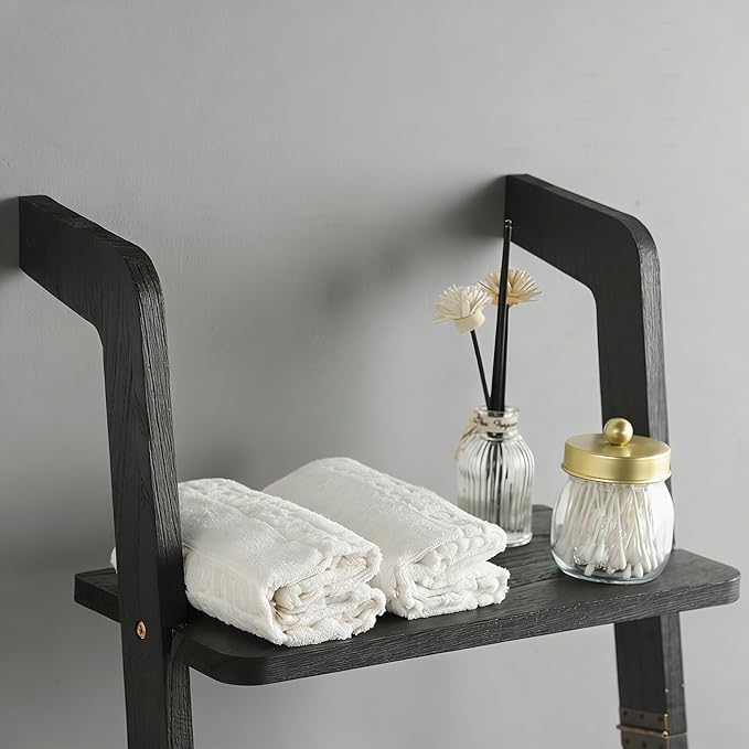 Taozun Black Blanket Ladder with Shelf for Living Room, 67-Inch Wooden 5-Tier Farmhouse Towels and Quilt Rack Decor - Wall Leaning Display Holder for Blankets and Throws