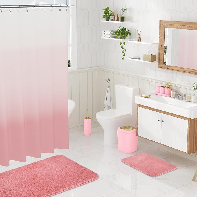 XLHOMO Bathroom Set - Pink Bathroom Sets with Shower Curtain and Rugs, 24PCS Shower Curtain Set with Hooks, Soap Dispenser, Soap Dish, Toilet Brush Holder and Trash Can for Housewarming