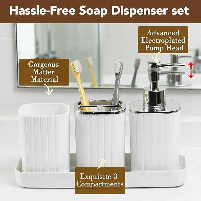 Bathroom Accessories Set 5pcs- Bathroom Set, Plastic Bathroom Accessory Sets with Lotion Soap Dispenser, Soap Dish, Toothbrush Holder, Toothbrush Cup, Vanity Tray, Boho, Modern Bathroom Decor, White