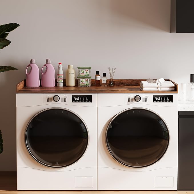 Unionly Washer Dryer countertop with Edge Rails and Non-Slip Mat,Wooden Laundry Countertop for Laundry Room Storage Organization (Rustic Brown, Full)