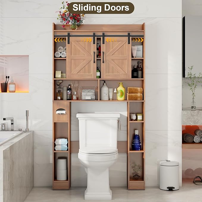 Vabches Farmhouse Storage Cabinet Over Toilet with Sliding Doors, Home Space-Saving Toilet Rack, Over The Toilet Storage Cabinet, Open Storage Shelf, for Bathroom, Laundry, Restroom.Walnut