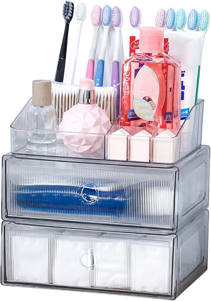 3-Tiers Makeup Organizer with Drawer, Stackable Skincare Storage Box for Vanity and Bathroom, Beauty Essentials, Cosmetic Brushes, Perfume Stand, Large Lipsticks Holder
