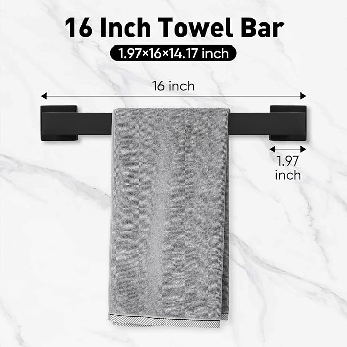 BlumWay 5-Pieces Matte Black Bathroom Accessories Set, 16 Inch Bathroom Hardware Set, SUS304 Stainless Steel Bath Towel Bar, Toilet Paper Holder,Towel Racks for Bathroom Wall Mounted