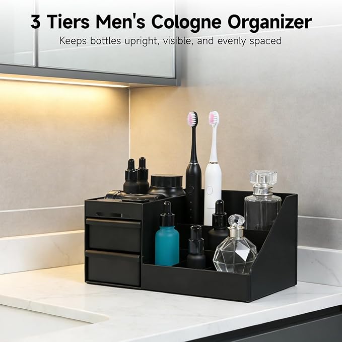 Men's Cologne Organizer for Countertop, Black Cologne Stand with Drawers and Tiered Compartments, Bathroom Organizer for Men with Drainage Holes, Grooming Storage Tray for Sink Counter