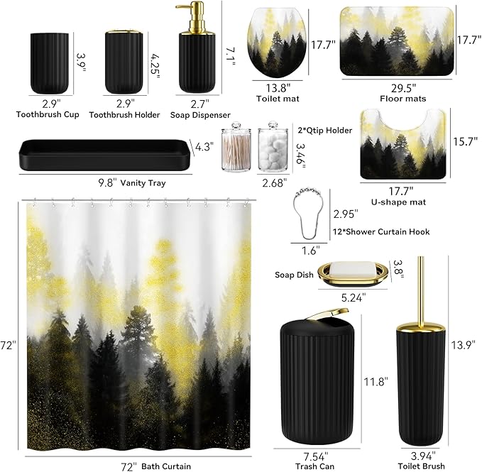 Black and Gold Bathroom Accessories, Bathroom Sets with Shower Curtain and Rugs, Bath Rugs Accessory Set with Bathroom Trash Can, Soap Dispenser, Soap Dish for Home Decor