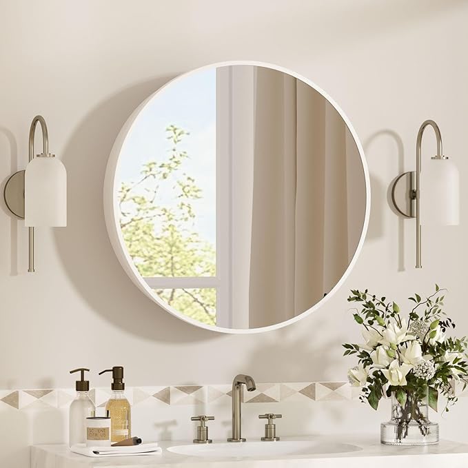 24 x 24 in Inch Round Medicine Cabinet Mirror White,Circular Bathroom Mirror with Storage Wall Mounted,Metal Framed Medicine Cabinets with Tempered Glass Adjustable Shelves for Bathroom Vanity