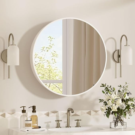 24 x 24 in Inch Round Medicine Cabinet Mirror White,Circular Bathroom Mirror with Storage Wall Mounted,Metal Framed Medicine Cabinets with Tempered Glass Adjustable Shelves for Bathroom Vanity