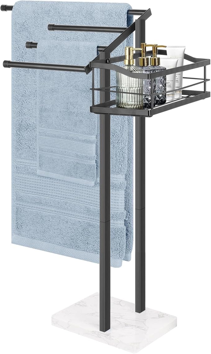 HarJue Towel Rack for Bathroom, 36” H Towel Holder Stand, Bath Towels Sheet Holder with Marble Base, Standing Rack for Home Pool Outdoor Floor, Store Family Member Towels (Black, 36” H-Basket)