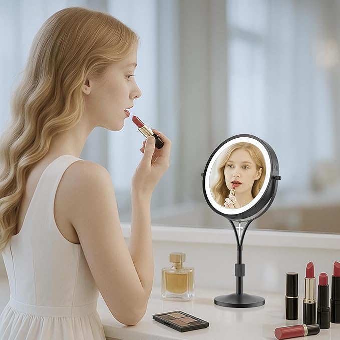 Lighted Makeup Mirror with Magnification, 1x/10x Magnifying Mirror with 3 Color and Blessed Cross, 7" Rechargeable Brightness Dimmable Height Adjustable Vanity Mirror, Christian Women Gift