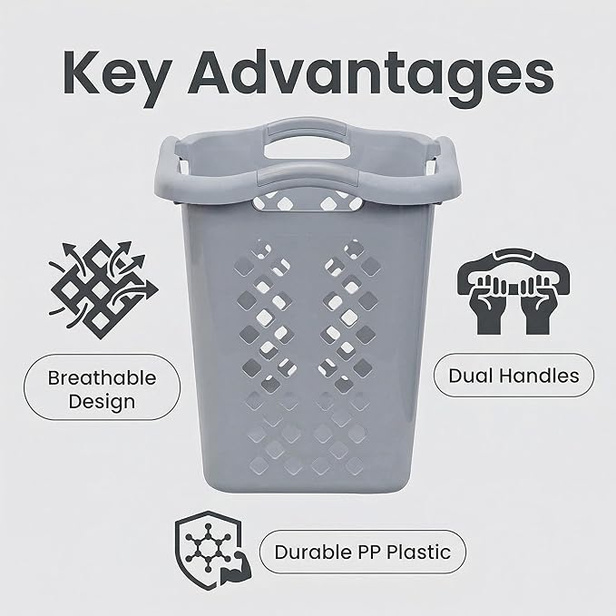 (2-Pack) 2 Bushel Plastic Laundry Baskets with Handles, Featuring Ventilation Design. Suitable for Laundry and Storage. Applicable to Bedrooms, Bathrooms, Dormitories. Convenient to carry. (Grey)