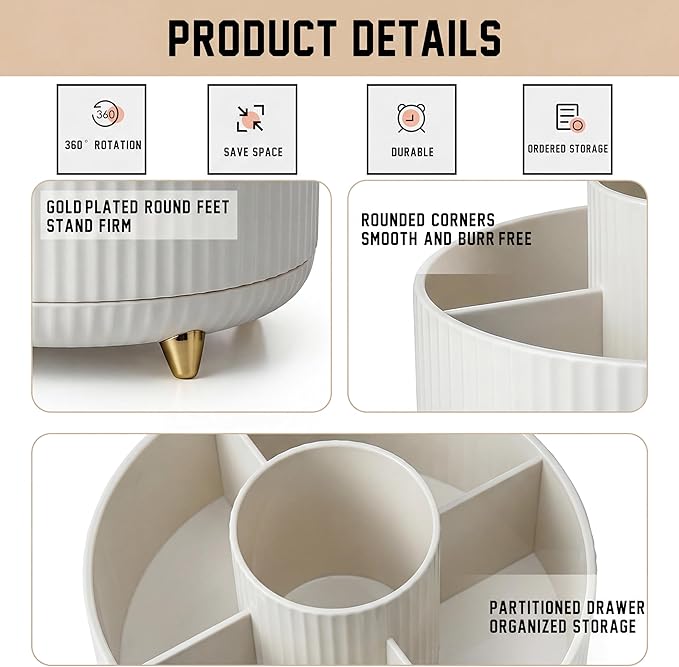 360° Rotating Makeup Brush Holder Organizer, White 5-Slot Spinning makeup organizer Cup for Women, Vanity Desk & Bathroom Storage for Cosmetics, Nail Polish and Beauty Tools