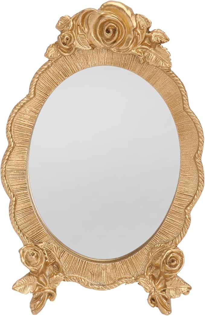 HEALLILY Oval Resin Makeup Mirror Portable European Style Handheld Cosmetic Mirror with Rose Relief Frame Lightweight for Vanity and Travel