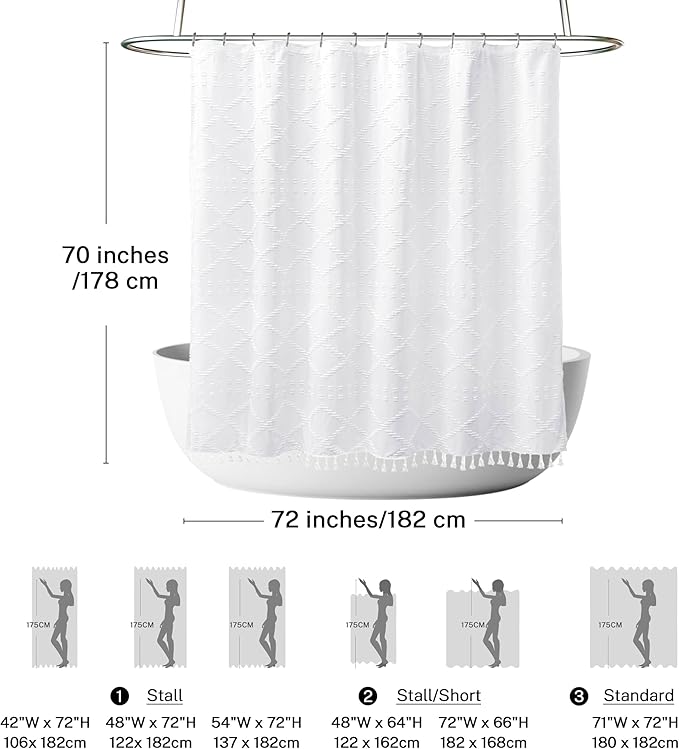 Boho White Woven Fabric Shower Curtain with Tassels 72 x 70 Modern Farmhouse Minimalist Tufted Chevron Striped Shabby Chic Textured, Water Resistant Curtain for Bathroom, Hotel Decor