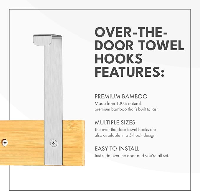 ToiletTree Products Bamboo Stainless Steel Over-the-Door Towel Hooks - Durable Coat, Clothes, and Towel Rack to Use in the Bathroom, Laundry Room, and Closet - 5 Hooks