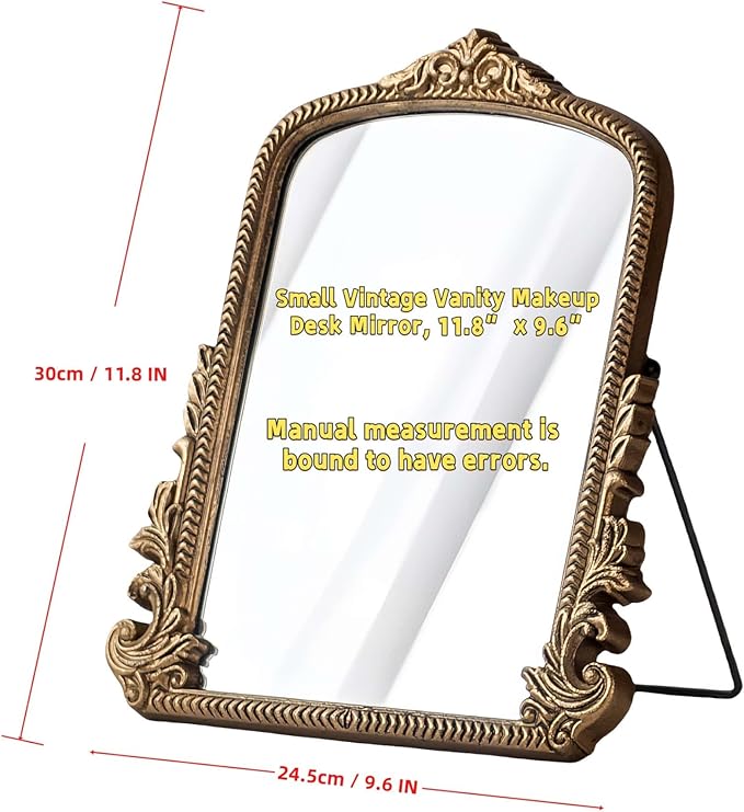 TenFuju Small Gold Vintage Vanity Mirror, Antique Gold Wooden Framed Standing Tabletop Mirror, Traditional Chic Arch Makeup Mirror for Living Room, Bedroom, Bathroom, or Office Decor, 11.8" x 9.6"