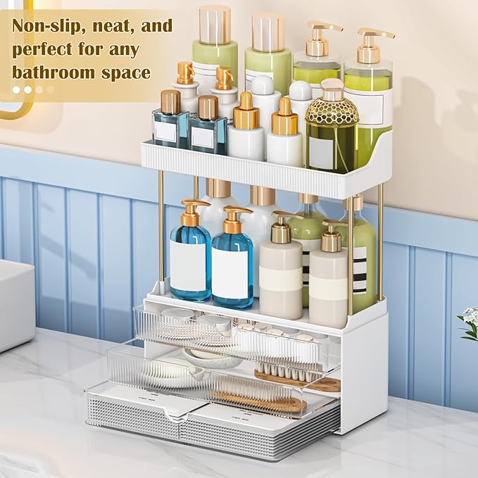 2 Pack Bathroom Counter Organizer - 3 Drawers Makeup Organizer, Cosmetic Storage Drawer for Dresser Countertop and Bathroom Vanity for Large Skincare, Perfume, Clear