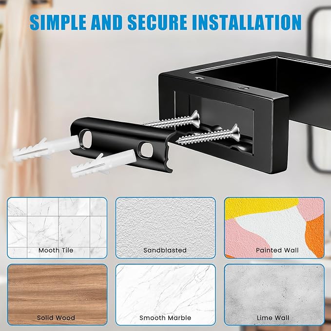 4 Pcs SUS304 Stainless Steel Bathroom Accessories Set, 24" Towel Bar, Towel Holder, Toilet Paper Holder, Robe Hook, Minimalist Design for All Styles Bathrooms (Brushed Black)