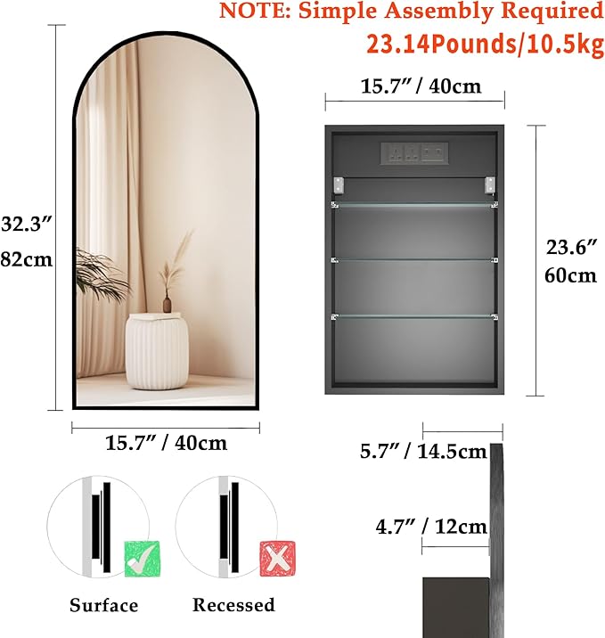 FKWin Medicine Cabinet Mirror with Power Outlet, Black Bathroom Wall Cabinet with Mirror for Left or Right Opening, not Recessed, Ample Bathroom Vanity Mirror, Black, 16x32 inch