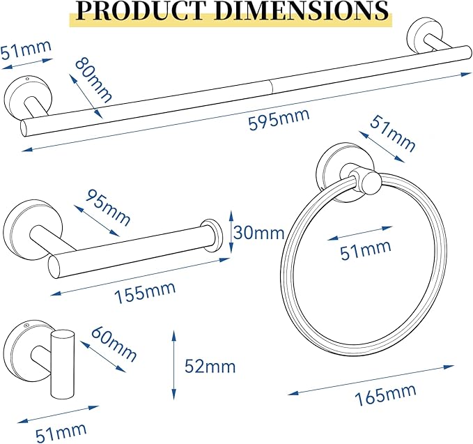 HOMOTEK 4 Pieces Bathroom Accessories Hardware Set, 24 inch Towel Bar, Towel Ring, Robe Hook, Toilet Paper Holder, Stainless Steel Rack Kit Wall Mounted, Gold