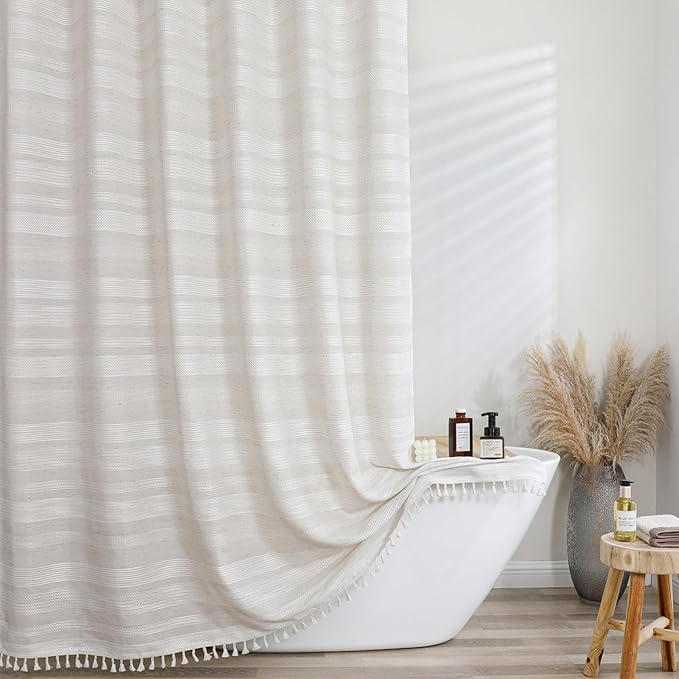 OVZME Natural Linen Shower Curtain for Bathroom, Boho Farmhouse Rustic Striped Shower Curtain with Tassel, Textured Heavy Duty Vintage Country Bathroom Curtain, 72Wx72L Inches