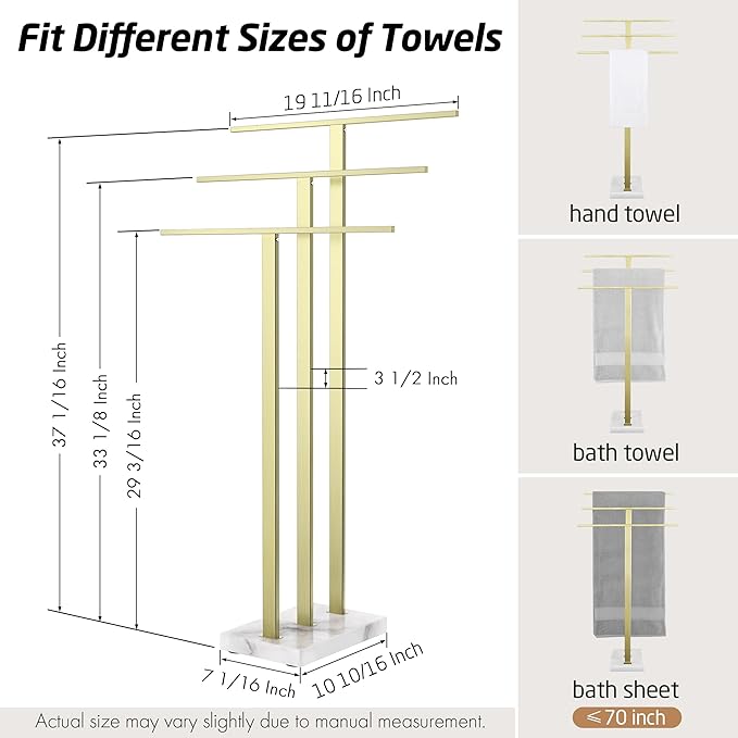 KES Standing Towel Rack 3-Tier with Marble Base, Brushed Gold Towel Rack Stand for Bathroom Floor, Fits Large Bath Towel & Hand Towel, 18/8 Stainless Steel, BTH217S3-BZ