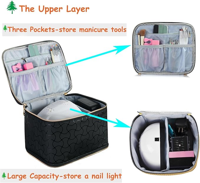 Nail Polish Organizer and Nail Lamp Case, Nail Kit Organizer Holds 30 Bottles (15ml - 0.5 fl.oz) and a Nail Lamp, Nail Polish Carrying Case with Manicure Tools Storage Sections (B-Black)