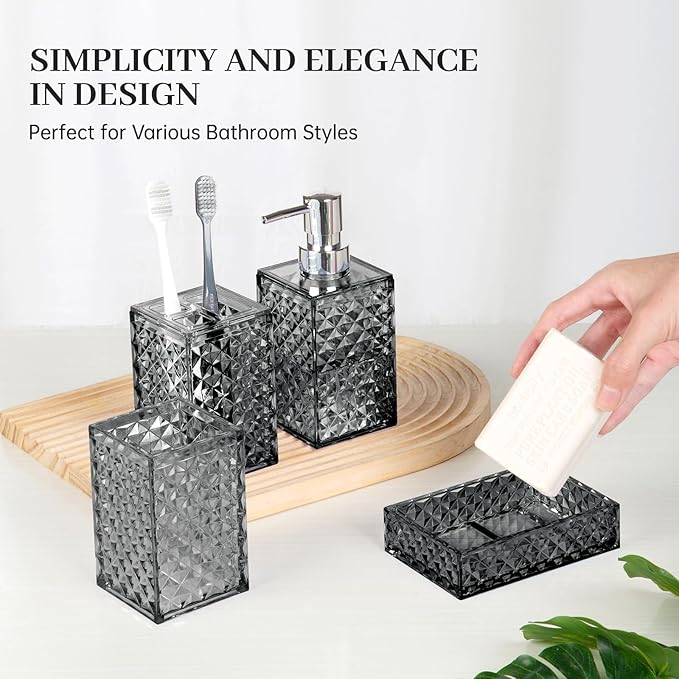 Bathroom Accessory Set, Grid Pattern 4 Pcs Plastic Bathroom Set Include Soap Dispenser, Soap Dish, Toothbrush Holder, Mousewash Cup, Modern Bahtroom D??cor Set, Space Save for Bathroom((Grey)