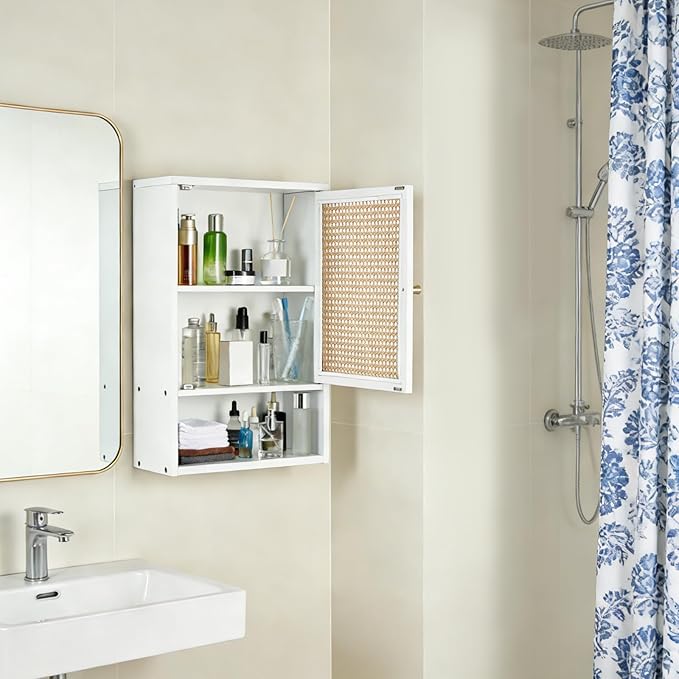 Bathroom Wall Cabinet, Bamboo Medicine Cabinet with Rattan Doors, Adjustable Shelf, Wall Mounted Storage Cabinet for Bathroom, Kitchen, Laundry Room White