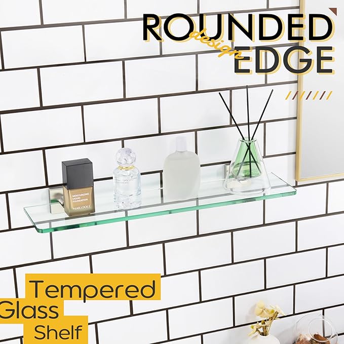KOKOSIRI Floating Shelves Wall Mount 20-Inch Bathroom Tempered Glass Shelf for Kitchen Storage Shower Hanging Rack, Brushed Stainless Steel B1107BR-L20