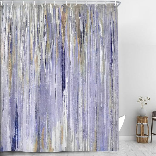 JAWO Abstract Shower Curtain, Modern Aesthetic Stripe Shower Curtain Sets with 12 Hooks for Bathtub Bathroom Gray Purple Contemporary Abstract Painting Fabric，36x72