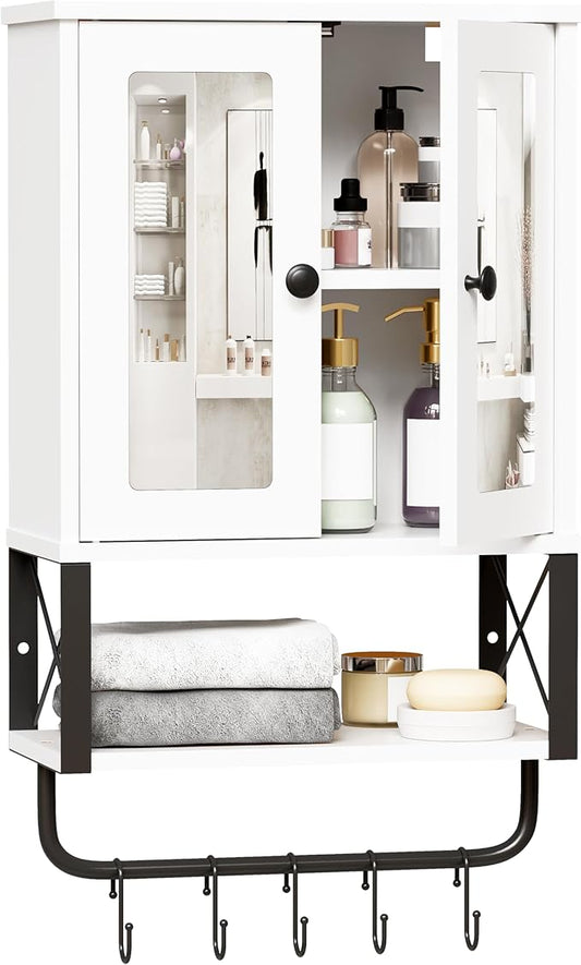 BEWISHOME Medicine Cabinet, Bathroom Wall Cabinet with Mirror, Wall Mounted Over The Toilet Storage Cabinet with Towel Bar and Adjustable Shelf, for Bathroom, 7.1" D x 15.4" W x 24.4" H, White YYG10W