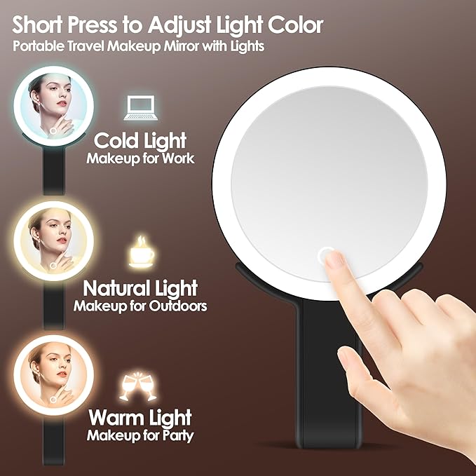 MIYADIVA Magnifying Mirror with Light, Double Sided 30X/1X Lighted Travel Makeup Mirror with Magnification, 3 Color Lighting, Dimmable Touch Screen, Adjustable & Foldable Hand Mirror (Black)