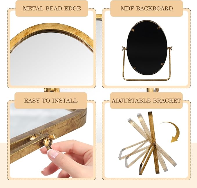 Vintage Makeup Desk Mirror, 11.8" L x 7.9" W Antique Gold Vanity Table Mirror, Metal Framed Oval Small Standing Mirrors, 360 Adjustable Rotation Mirrors for Tabletop, Bathroom