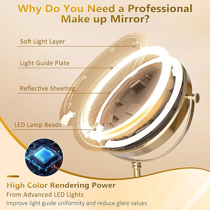 Vanity Mirror with Lights,4000mAh Rechargeable Double Sided Magnifying Mirror with 3 Colors Adjustable,1x/10x Lighted Makeup Mirror,360°Rotation Touch Screen with Memory Function,Gold