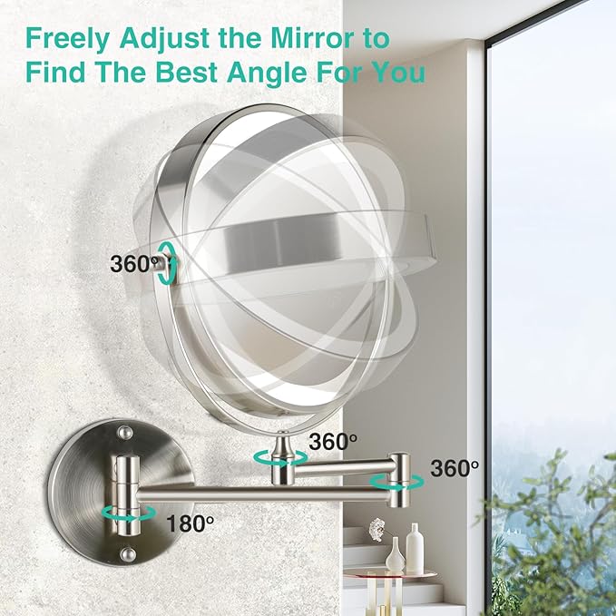 30X/1X Lighted Makeup Mirror with Magnification, 8.5inch 3000mAh Rechargeable Magnifying Mirror with Light, 3 Color Lights,Touch Dimmable,Extended Arm 360 Rotation Wall Mounted Makeup Mirror