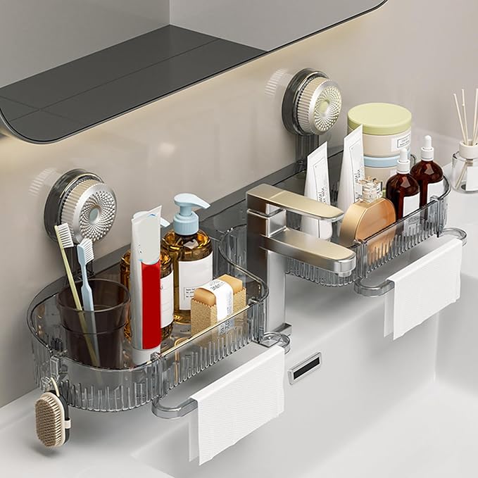 Removable Bathroom Storage Rack Suction Rack for Shampoo Bottles Kitchen Stand with Drain Holes Non-Slip Stand Rent-Friendly Bathroom Shelf