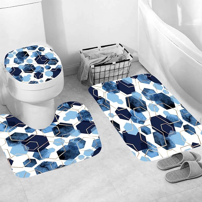 Muuyi 4Pcs Navy Blue Geometric Shower Curtain Set, Neutral Modern Art Deco Shower Curtain with Hooks, Elegant Trendy Simple Bathroom Sets with Shower Curtain and Rugs, 71 * 71in