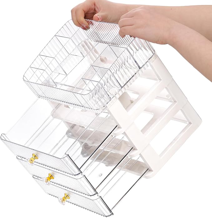 Coloch Plastic Makeup Organizer with 3 Drawers, Cosmetics Display Case for Vanity Countertop Organization Box for Makeup, Skincare, Lipsticks, Jewelry, Bathroom, Bedroom