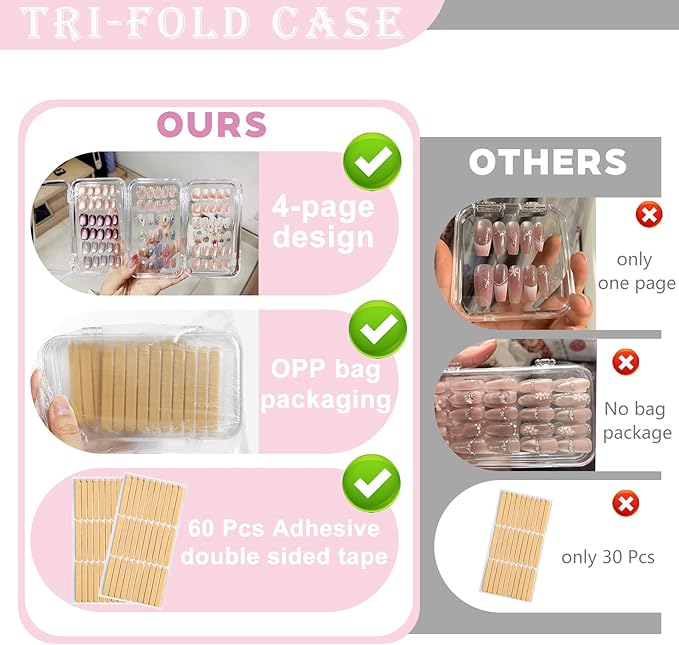 Compact Press on Nail Storage Box,Portable Tri-Fold Press on Nails Organizer Case with 60 Pcs Adhesive Double Sided Tape,Acrylic Nail Storage Box for All Size Fake Nails Home Travel Use