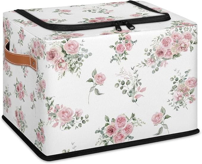 Pink Floral Flower Storage Baskets - Home Decorative Bins Collapsible Cubes with Zipper Lid, Rose Box with Handles for Living Room Bedroom Nursery Shelf Closet Office Kitchen, 24L