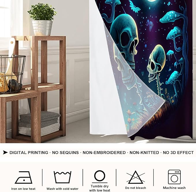 Shrahala Happy Halloween Funny No Hooks Shower Curtain with Snap in Liner Set, Skeletons Grass Mushrooms Starry Sky Bathroom Décor Polyester Fiber Waterproof for Stall Bathtubs 35.5 x 74 in