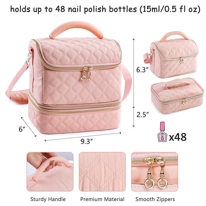 2-in-1 Nail Polish Organizer Case – Holds 48 Bottles, Nail Supplies & Manicure Tools – Portable Nail Tech Storage Bag with Removable Slots, Travel Nail Kit Carrying Case