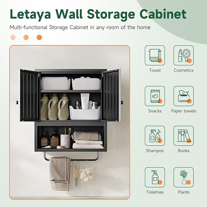 Letaya Metal Bathroom Wall Cabinet with 2 Doors,Medicine Cabinet with Towel Rack,Wall Mounted Storage Cabinet (Black)
