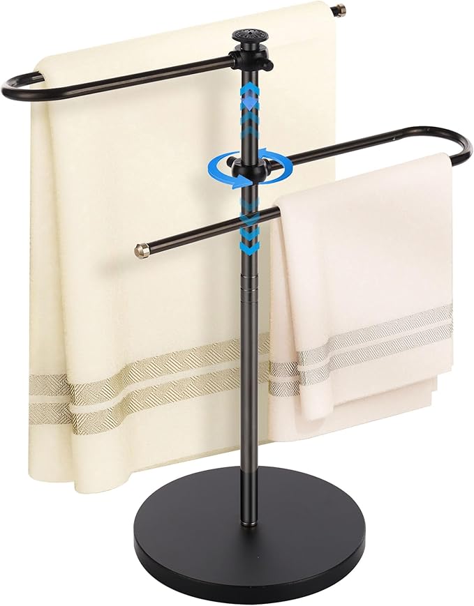 Hand Towel Holder, Adjustable Stand Towel Rack,Free Standing S-Shapes Towel Bar Holds for Bathroom Kitchen Countertop Stainless Steel Retractable and 360-Degree Rotation.Black