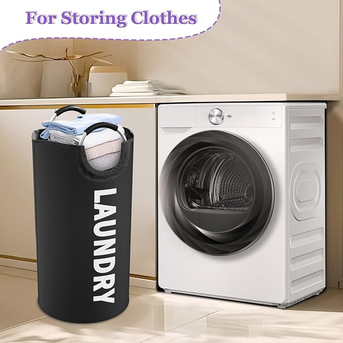 95L Large Laundry Hamper for Adult, Foldable Black Laundry Basket with Soft Handles, Freestanding Dirty Clothes Hampers, Portable Laundry Bin for Flat, Bathroom, Black