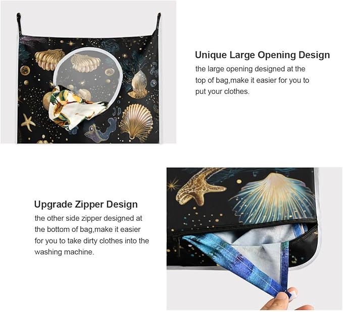 Shell Starfish Black Hanging Laundry Hamper Door Hampers Bag Basket with Stainless Steel Hooks Oxford Fabric Printing Decorative Clothes Bags 29.5X20inch 2Pack