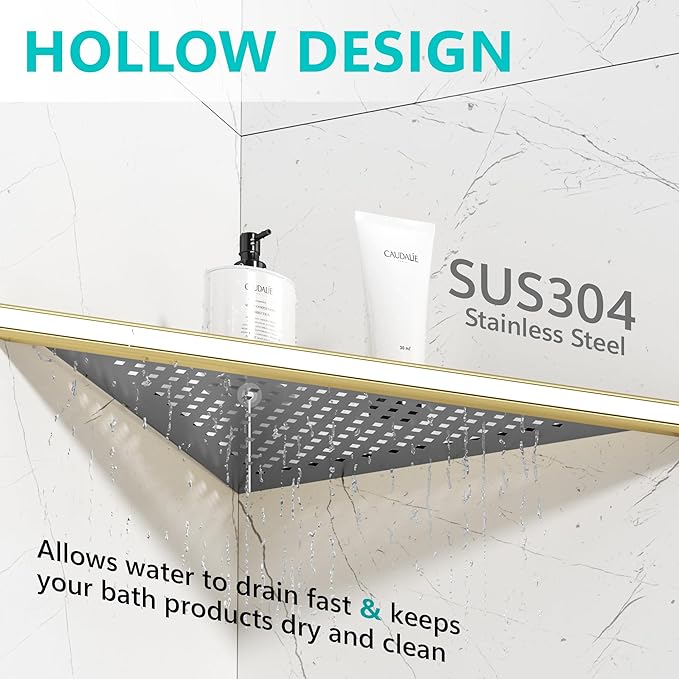 Qeke Bathroom Corner Shelf, Recessed 12" Shower Shelf Caddy, SUS304 Stainless Steel Shelf Wall Mount Triangular, No Drilling, Brushed Golden