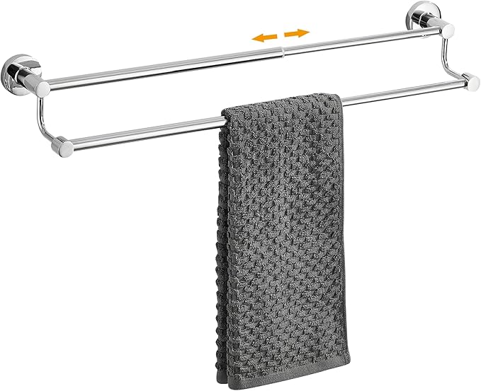 Adjustable Double Towel Racks for Bathroom 15 to 26.5 Inch Towel Bar, Expandable Bright Chrome Double Bath Towel Holder, Wall Mount with Screws Towel Bar Rod