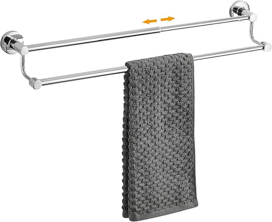 Adjustable Double Towel Racks for Bathroom 15 to 26.5 Inch Towel Bar, Expandable Bright Chrome Double Bath Towel Holder, Wall Mount with Screws Towel Bar Rod